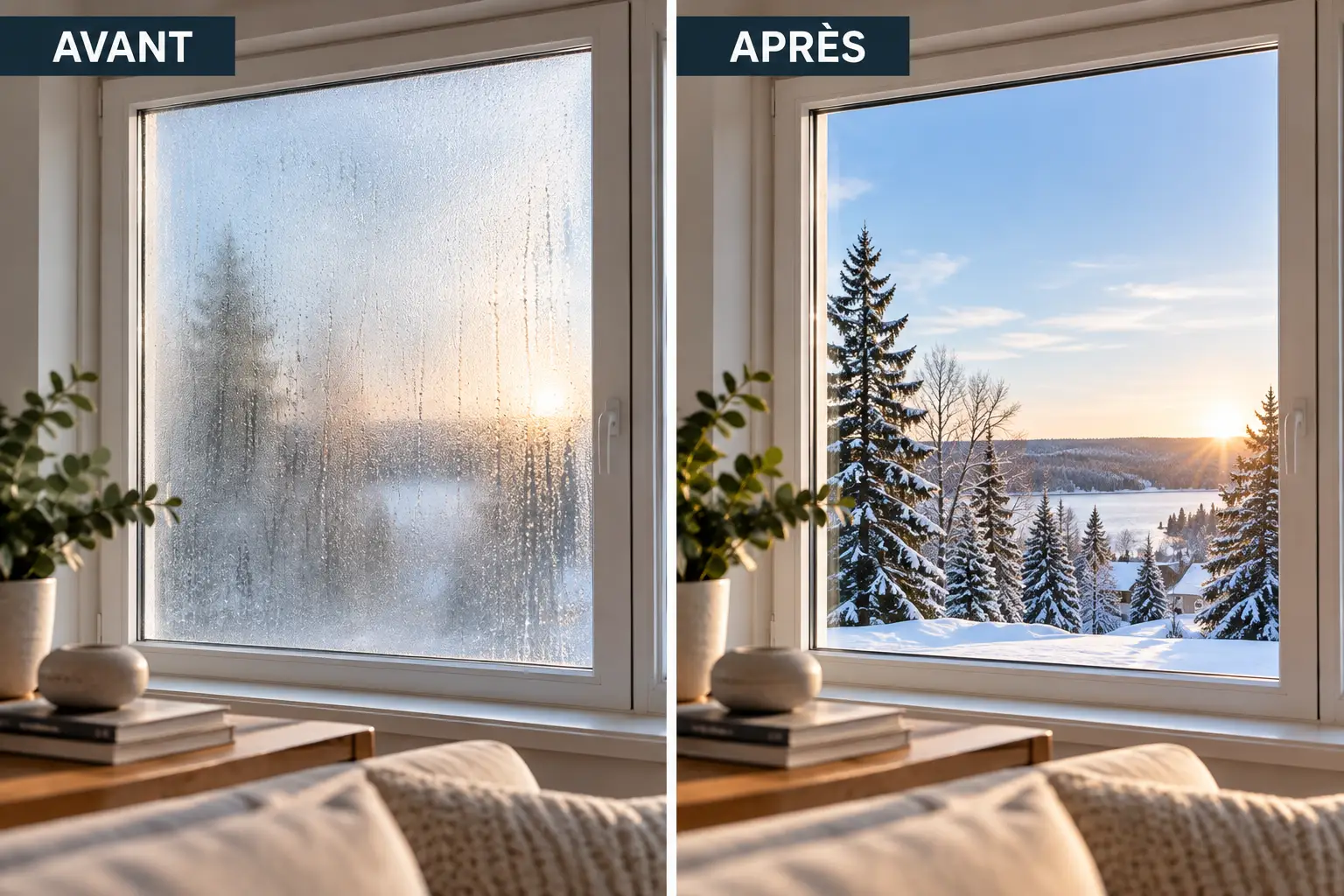 Fenêtre embuée avant et thermos clair après, côte à côte, vue sur un paysage d'hiver
