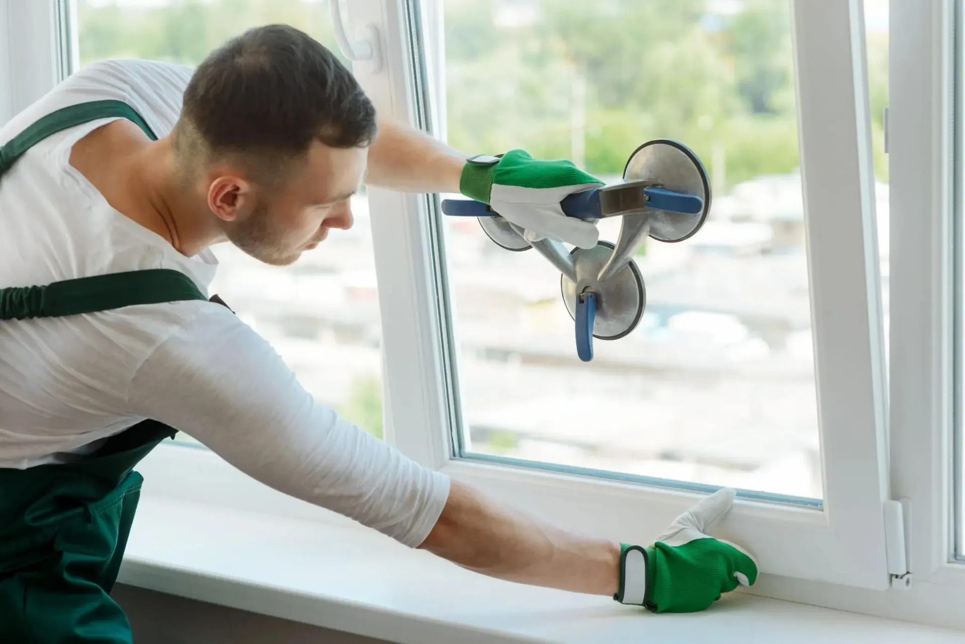 Pose de fenêtre et de thermos — Fenêtres F.E.L. Technicien en gants verts qui pose une fenêtre à l'aide de ventouses
